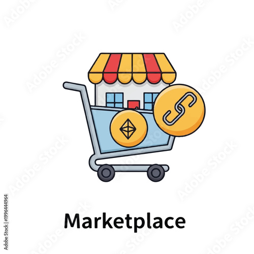 Shopping cart with marketplace and cryptocurrency symbols.