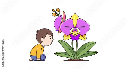 Curious boy looking at large orchid flower cartoon vector illustration