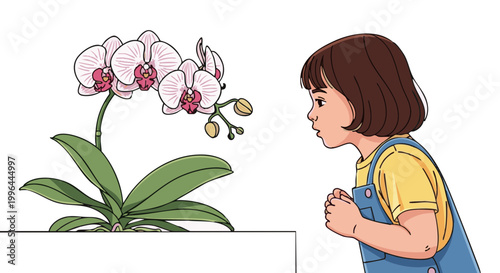 Curious young girl observing blooming pink orchid plant on black background