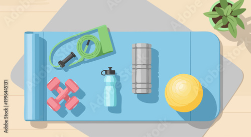 Flat lay view of fitness equipment on a yoga mat.