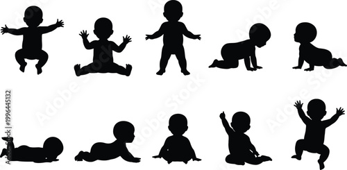 Baby silhouettes collection isolated on white background, infant poses set including crawling, sitting, standing, playful motion, black vector illustration,