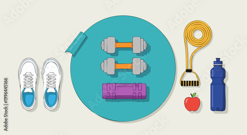 Flat lay illustration of fitness equipment and healthy lifestyle accessories.