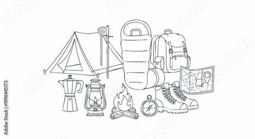 Hand drawn camping equipment set sketch.