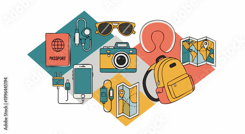 Flat illustration of essential travel accessories and vacation items.