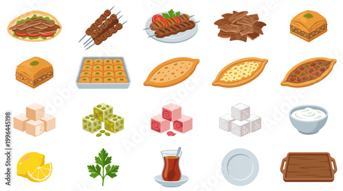 Turkish sweets and dessert vector set with baklava, tea, spices, nuts, sugar cubes, lemon, mint and traditional pastry for food menu design