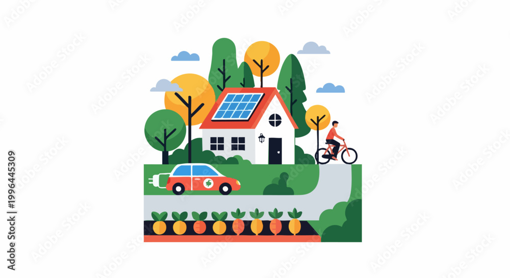 Fototapeta premium Eco friendly sustainable home with solar panels and electric vehicle.