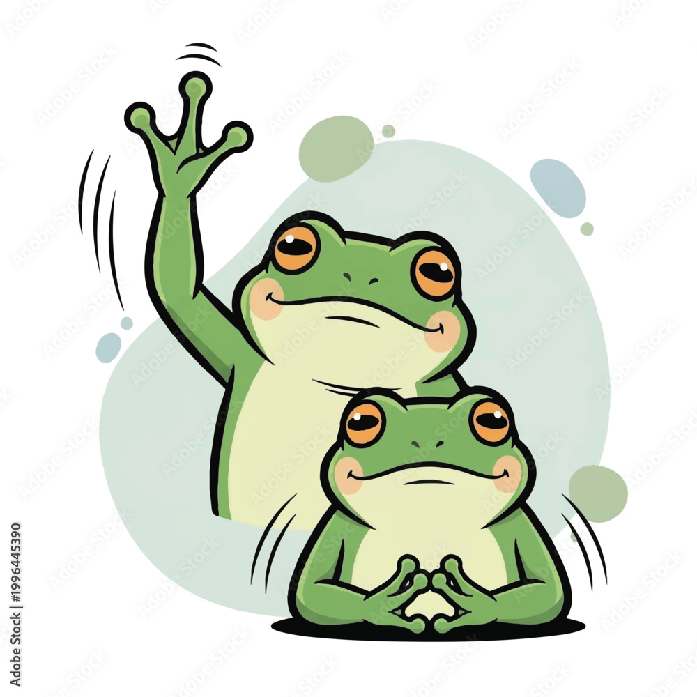 Fototapeta premium Two cartoon frogs waving and sitting.