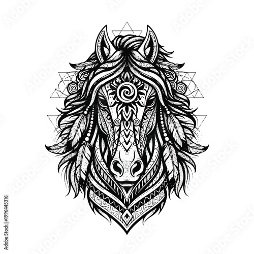 Tribal horse head with geometric patterns and feathers.
