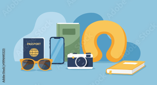 Flat vector illustration of travel essentials and vacation accessories.