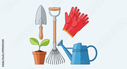 Gardening tools set with a plant in a pot.
