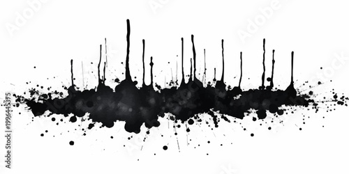 abstract black ink splatter horizontal grunge texture with dripping paint streaks scattered droplets and chaotic artistic brush effect on white background seamless edgy modern vector design.