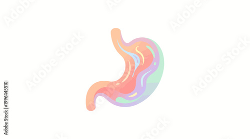 Vibrant watercolor illustration of a human stomach organ with flowing pastel colors on a white background.