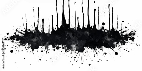 abstract black ink splatter horizontal grunge texture with dripping paint streaks scattered droplets and chaotic artistic brush effect on white background seamless edgy modern vector design.