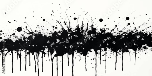 abstract black ink splatter horizontal grunge texture with dripping paint streaks scattered droplets and chaotic artistic brush effect on white background seamless edgy modern vector design.