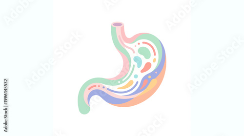 Stylized colorful human stomach illustration depicting the digestive system with abstract shapes and fluid lines.