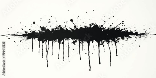 abstract black ink splatter horizontal grunge texture with dripping paint streaks scattered droplets and chaotic artistic brush effect on white background seamless edgy modern vector design.