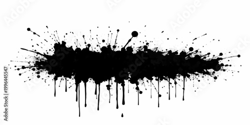abstract black ink splatter horizontal grunge texture with dripping paint streaks scattered droplets and chaotic artistic brush effect on white background seamless edgy modern vector design.
