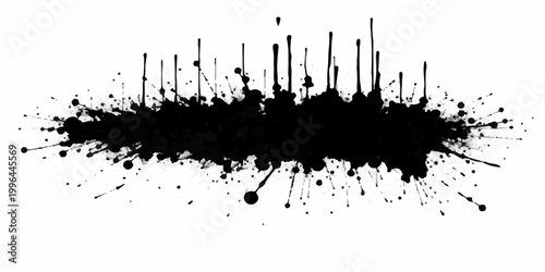 abstract black ink splatter horizontal grunge texture with dripping paint streaks scattered droplets and chaotic artistic brush effect on white background seamless edgy modern vector design.