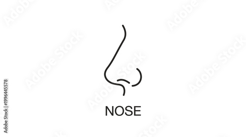 Simple line art illustration of a human nose in profile view, with the word 'NOSE' written below, depicting a basic anatomical feature.