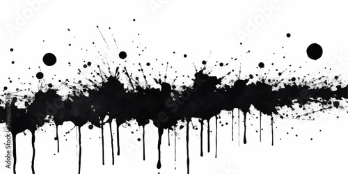 abstract black ink splatter horizontal grunge texture with dripping paint streaks scattered droplets and chaotic artistic brush effect on white background seamless edgy modern vector design.
