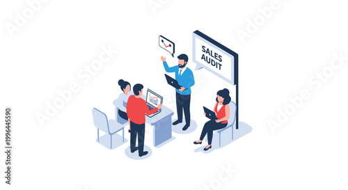 Isometric view of a business team during a sales audit presentation.
