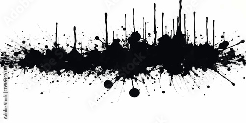 abstract black ink splatter horizontal grunge texture with dripping paint streaks scattered droplets and chaotic artistic brush effect on white background seamless edgy modern vector design.