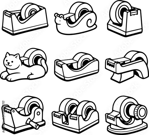 Set of eight black and white line drawings of tape dispensers in various creative designs