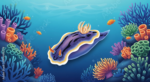 Pixel art sea slug swimming among colorful coral reefs and small fish in a vibrant underwater ocean scene, digital illustration
