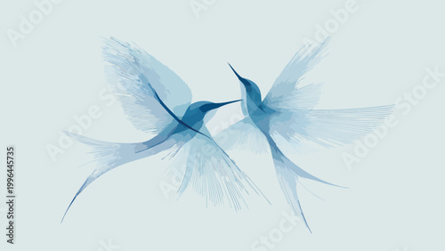 Abstract layered vector art of two blue hummingbirds in mid-flight, translucent blended tones on pale mint background, ideal for wall decor, brand design and nature-themed digital projects.
