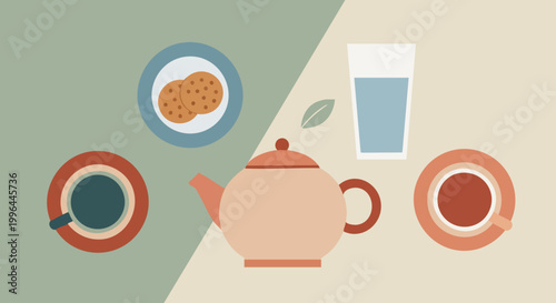 Flat illustration of tea time setup with cookies and beverages.