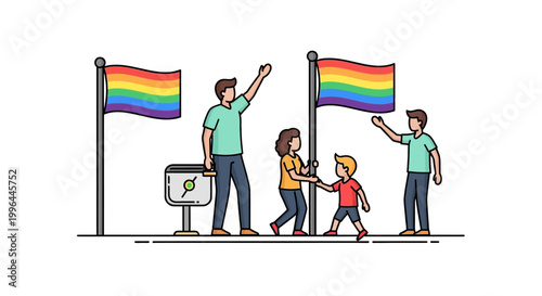 Joyful Group Celebrating Pride with Rainbow Flags and Community.