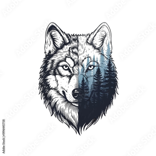 Wolf Head with Forest Overlay Illustration.