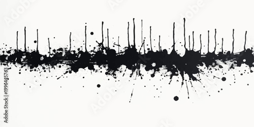 abstract black ink splatter horizontal grunge texture with dripping paint streaks scattered droplets and chaotic artistic brush effect on white background seamless edgy modern vector design.