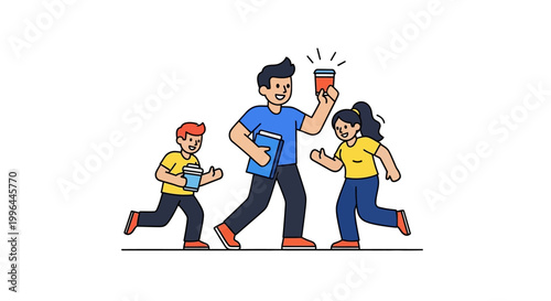 Joyful Group of People Running Together with Books and Coffee.