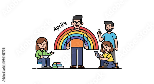 Joyful Group of People Under a Colorful Rainbow Illustration.