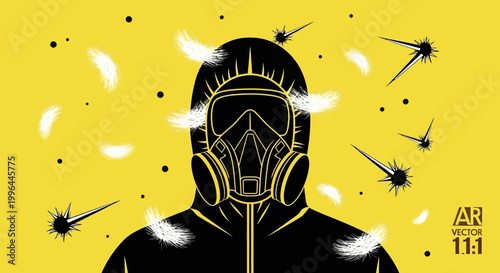 hazmat suit and gas mask on a yellow background illustrating airborne allergy and virus protection.