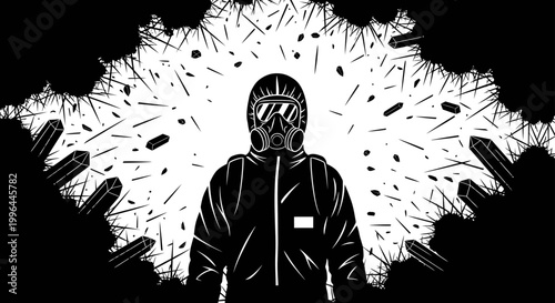 hazmat suit figure in a chaotic and dangerous environment with flying debris symbolizing crisis and environmental disaster.