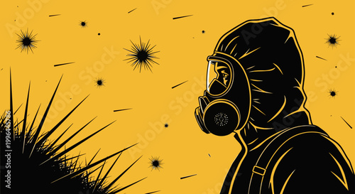 hazmat suit gas mask for biological hazard protection symbolizing pandemic public health environmental safety medical crisis.