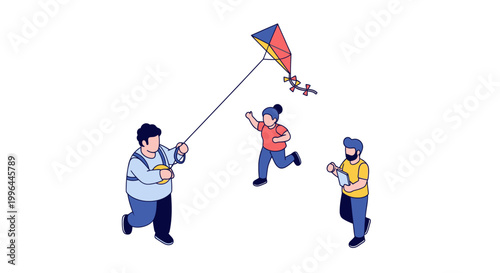 Joyful People Flying a Colorful Kite on a Sunny Day.