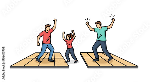 Joyful People Celebrating Success on Wooden Platforms with Raised Arms.