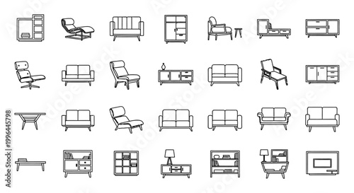 modern furniture icons for interior design and floor plans depict various household items in a minimalist outline style for architects and home decor.