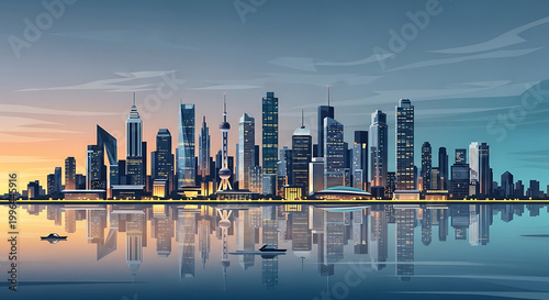 Pixel art cityscape at dusk with illuminated skyscrapers and tranquil water reflections, representing urban development and modern architecture