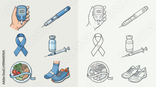 Collection of icons representing diabetes awareness and management, including a glucose meter, insulin pen, blue ribbon, medication, healthy food, and exercise.