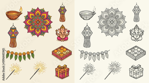 Collection of colorful and monochrome illustrations of Diwali festival elements including diyas, lanterns, rangoli, Ganesha, sweets, garlands, sparklers, and gift boxes.