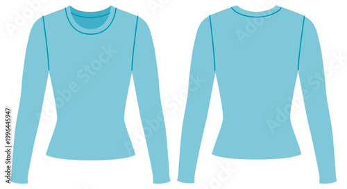 Blue basic top with fitted silhouette, clean construction lines and smooth shaping, minimal design suitable everyday casual wear. Technical fashion illustration in flat color, front back views. Vector