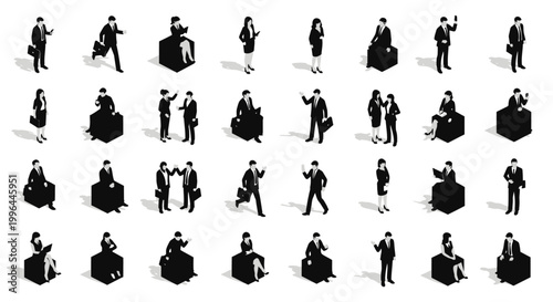 isometric black silhouette business people men and women in suits in various poses