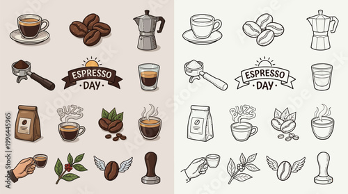 Collection of Espresso and Coffee Related Icons and Illustrations in Color and Black and White.