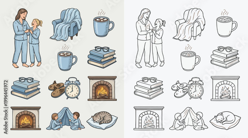 Cozy winter scene with a mother and daughter, a fireplace, hot chocolate, books, and a sleeping cat, presented in both color and outline versions.