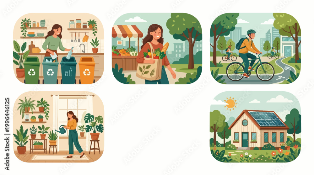 Naklejka premium A vibrant illustration showcasing eco-friendly lifestyle choices through various sustainable activities.