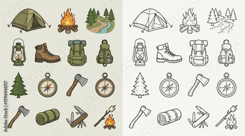 Collection of colorful and monochrome camping and hiking equipment illustrations, including tents, campfires, backpacks, and tools.